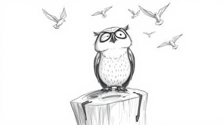 A heartwarming hand-drawn pencil sketch in the style of Pixar depicts a blind owl, perched joyfully on a tree stump with subt
