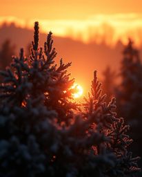 A dramatic cinematic photograph showcases the enchanting moment of sunset light sparkling on snowy pine trees, illuminated by