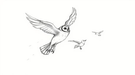 A heartwarming hand-drawn sketch in the style of Pixar depicts a blind owl patiently teaching birds to fly.  Soft pencil stro
