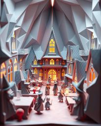 Discover a mesmerizing digital artwork depicting a magical school brimming with young wizards, rendered in an intricate origa