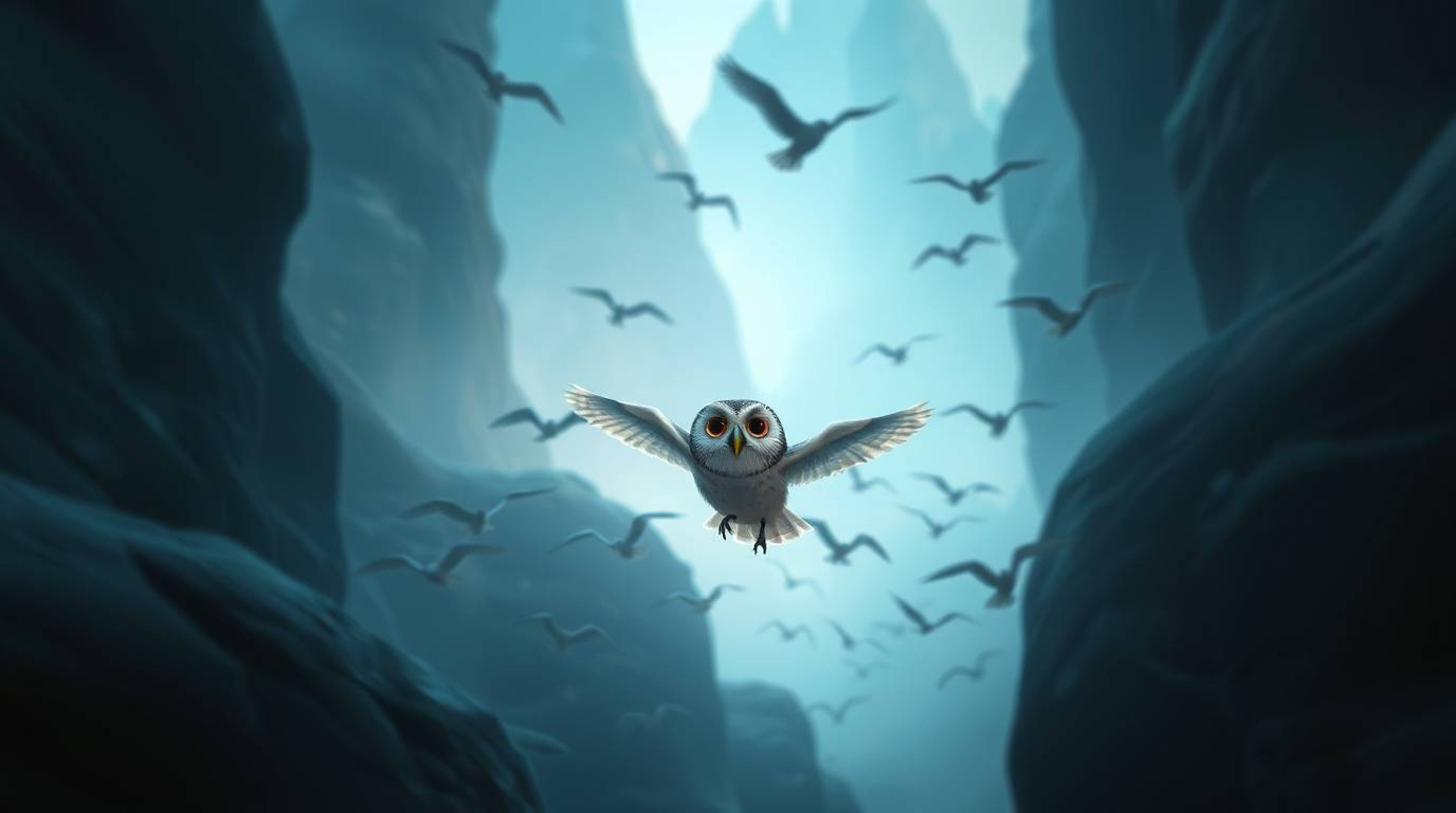 This captivating piece of long-exposure photography, rendered in a charming Pixar style, features a blind owl with soft, expr