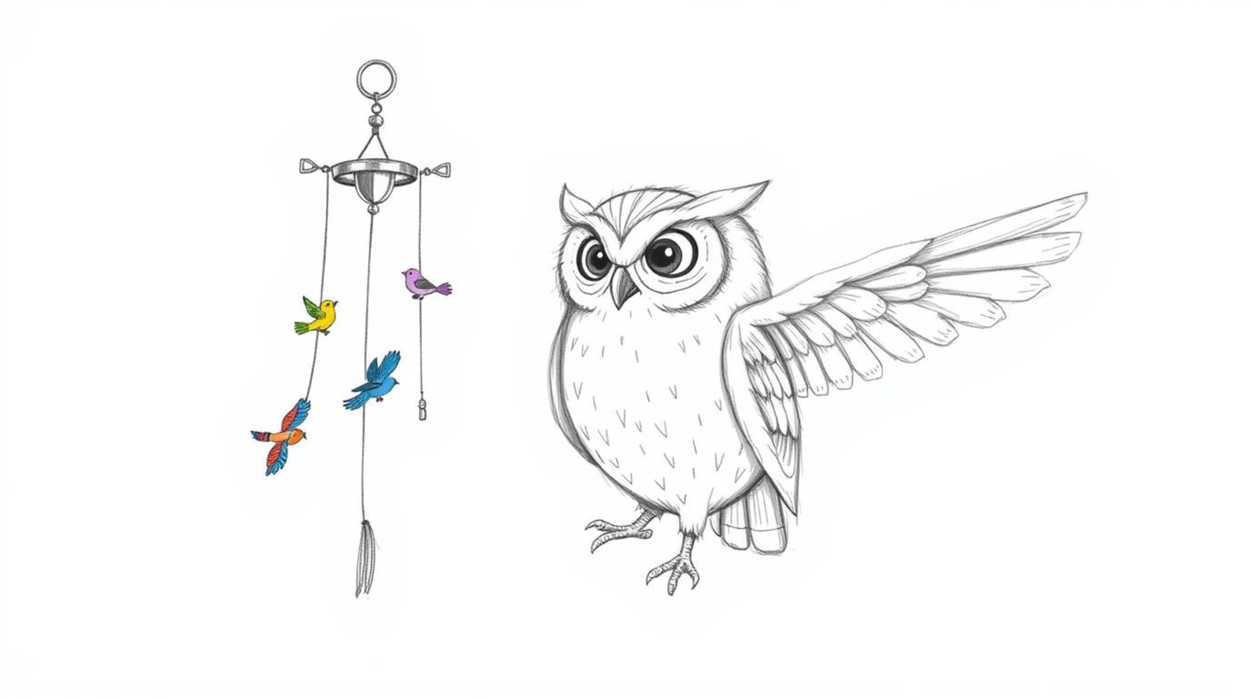 A heartwarming Pixar-style hand-drawn sketch depicts a serene blind owl using wind chimes and fabric flaps to patiently instr