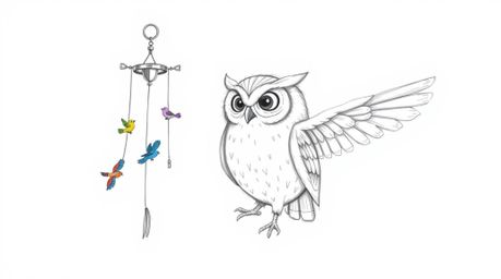 A heartwarming Pixar-style hand-drawn sketch depicts a serene blind owl using wind chimes and fabric flaps to patiently instr