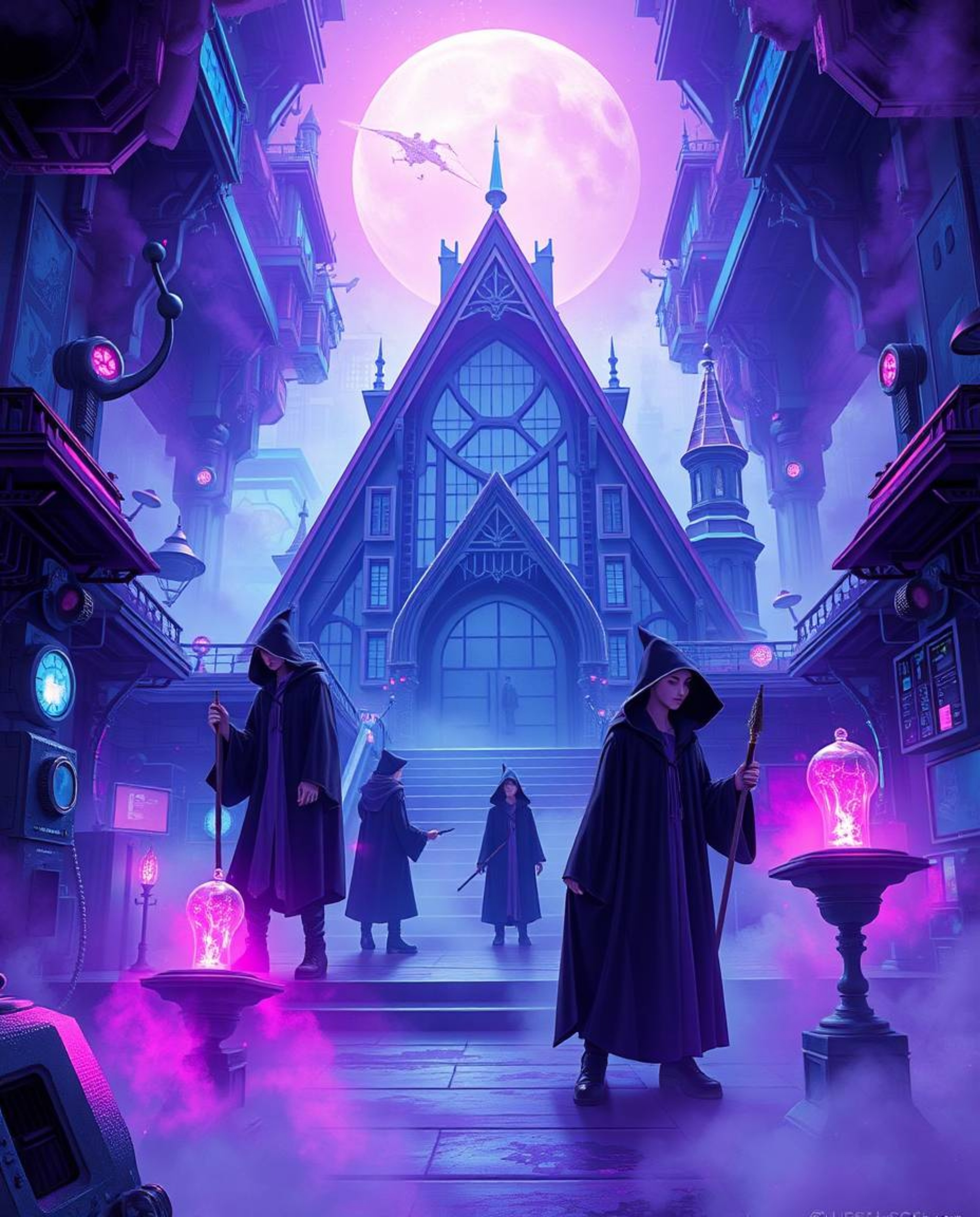 Discover a breathtaking futuristic sci-fi illustration of a magical school shrouded in mist.  Young wizards wield their magic