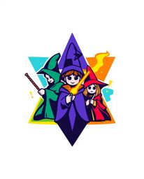 A vibrant logo design for a magical school, depicting young wizards in a modern and captivating style. The logo utilizes geom