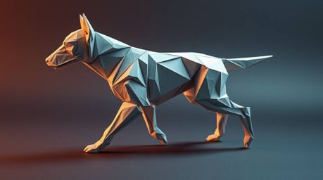 Witness a futuristic origami dog autonomously navigating the vast expanse of space.  This intricate artwork showcases a stunn
