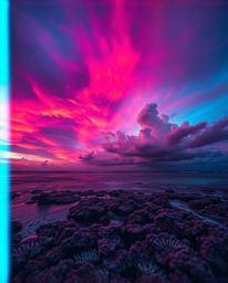 A dramatic cinematic style image captures a colorful sky over a coral reef at low tide. This stunning piece is defined by its