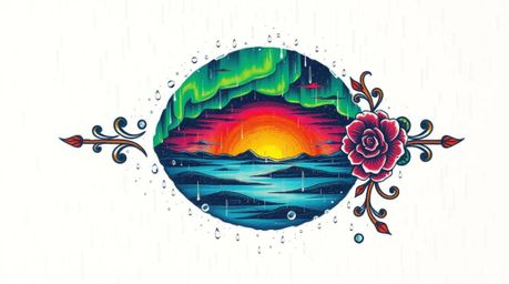 This image collection features captivating overhead bird’s-eye views of a wet rainy scene and symbolic traditional tattoo art