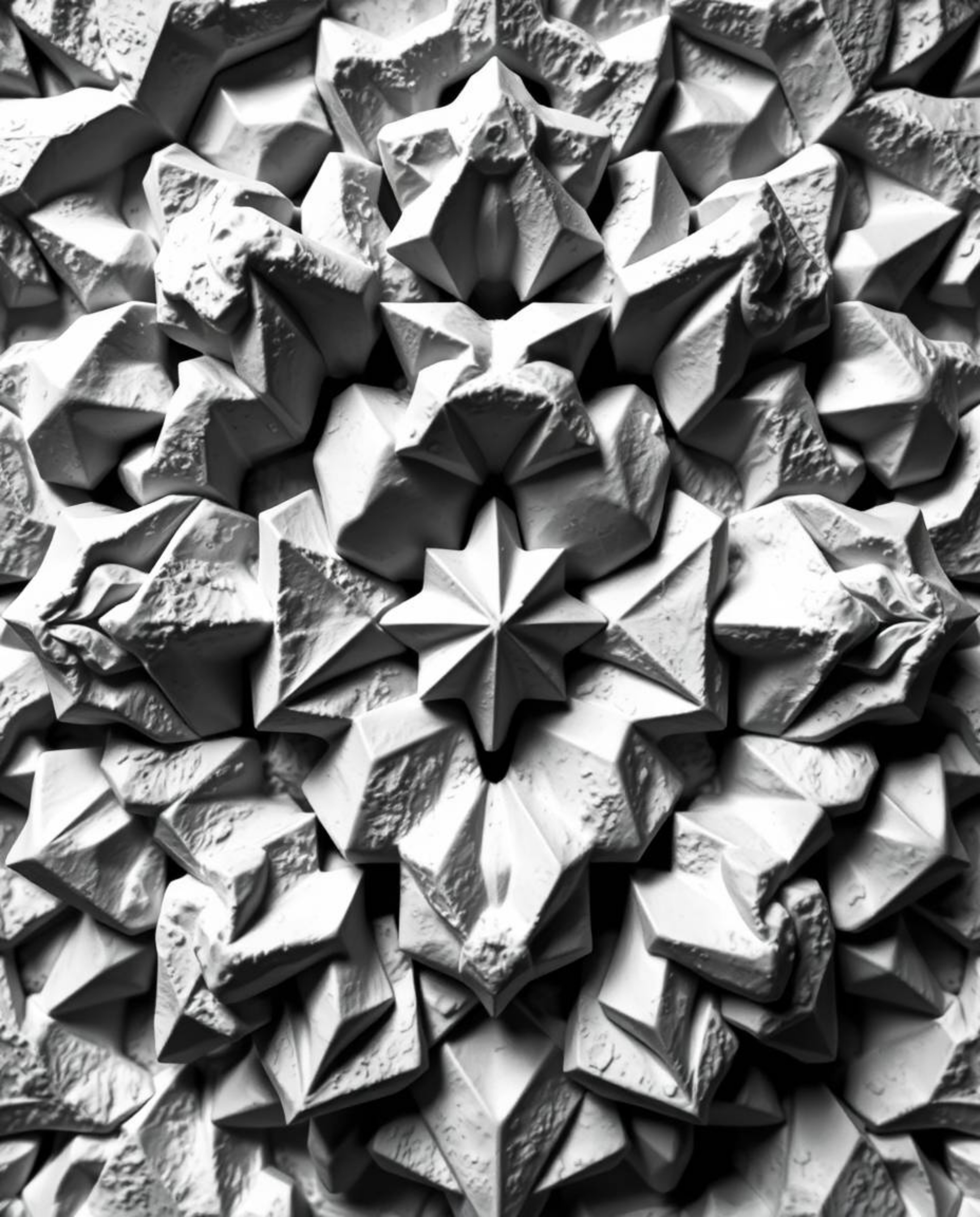 This captivating monochrome sculptural clay artwork showcases a 3D geometric pattern reminiscent of folded paper.  The piece 