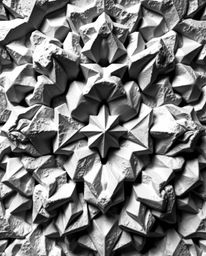 This captivating monochrome sculptural clay artwork showcases a 3D geometric pattern reminiscent of folded paper.  The piece 