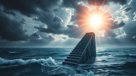 A dramatic staircase ascends from the ocean into a stormy sky, illuminated by a divine sunburst, creating an epic and symboli