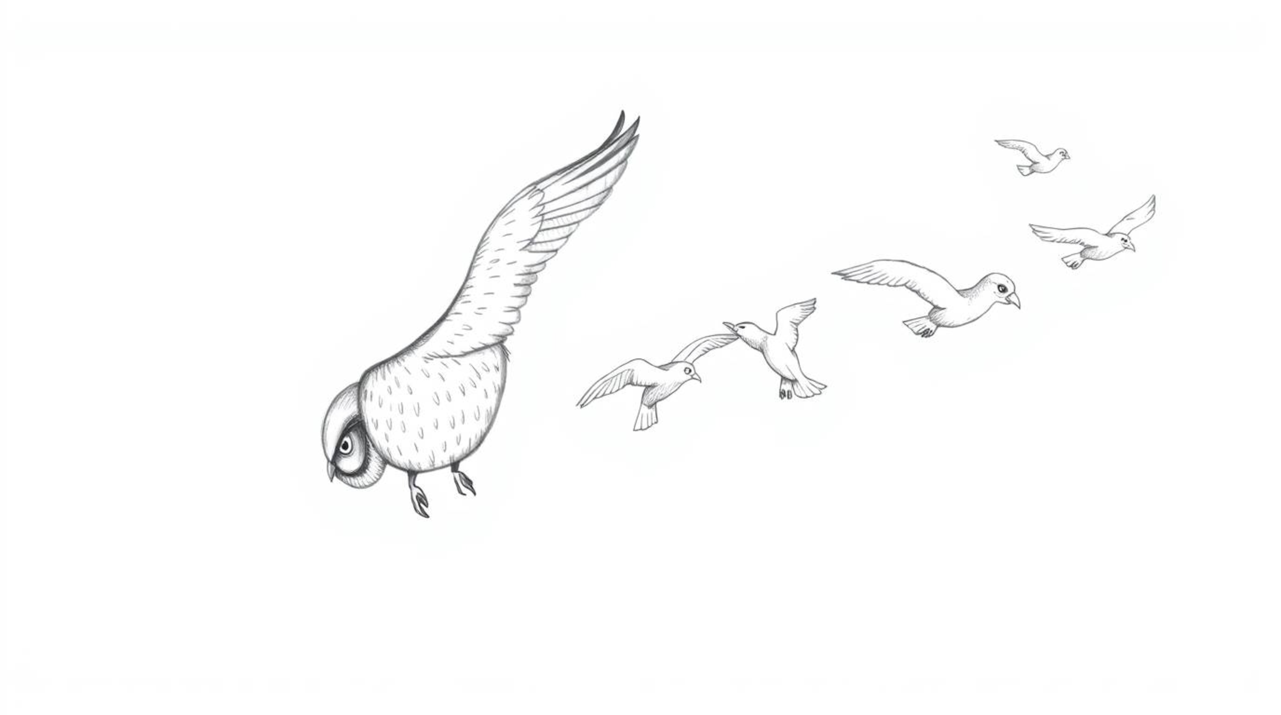A captivating hand-drawn pencil sketch showcases a blind owl with textured feather strokes, leading a formation of birds in s