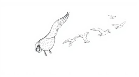 A captivating hand-drawn pencil sketch showcases a blind owl with textured feather strokes, leading a formation of birds in s