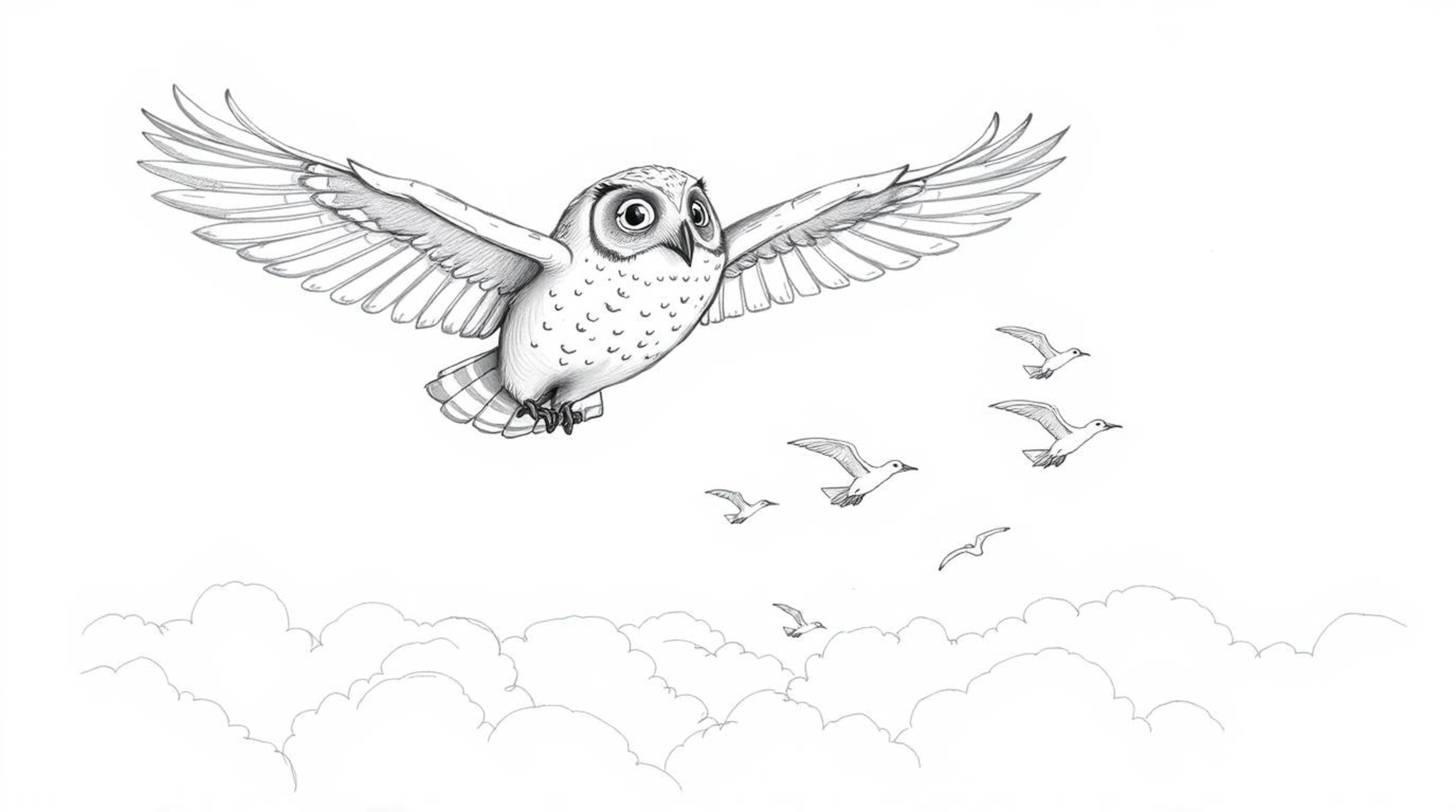 A heartwarming hand-drawn sketch depicts a blind owl, rendered in a Pixar-inspired style, soaring serenely above a field of f