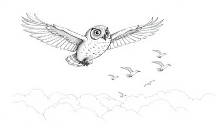A heartwarming hand-drawn sketch depicts a blind owl, rendered in a Pixar-inspired style, soaring serenely above a field of f