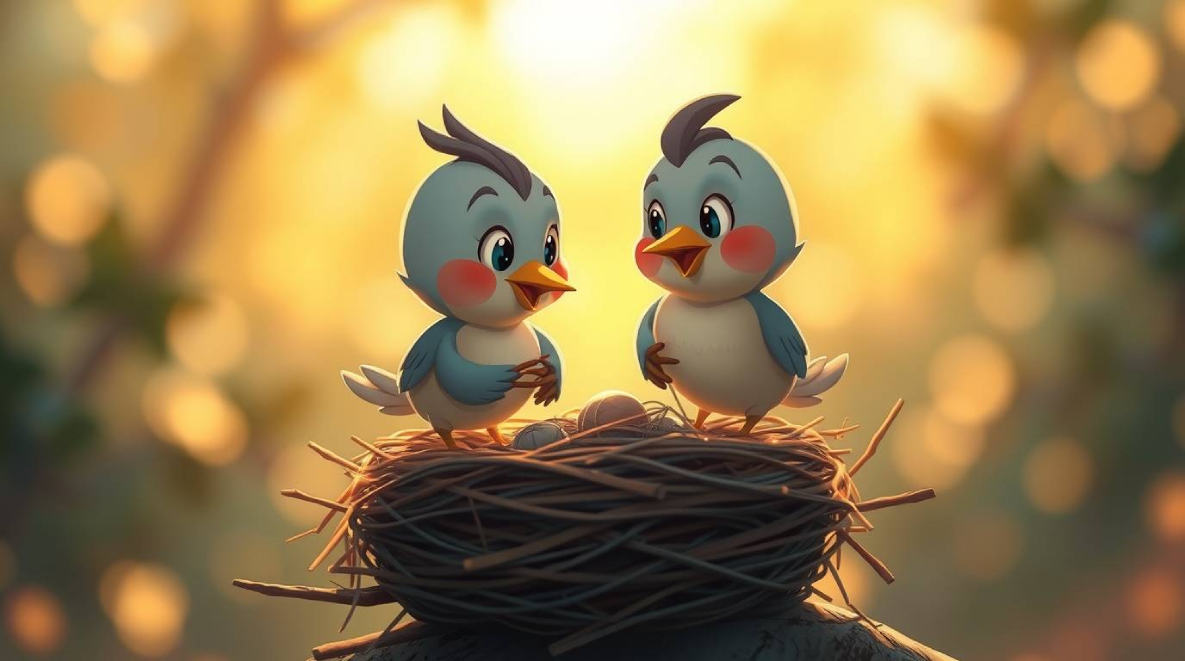A charming digital painting showcases two cartoon birds diligently building their nest. Rendered in a classic animation style