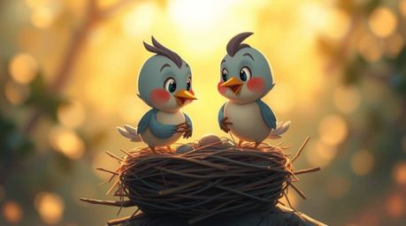A charming digital painting showcases two cartoon birds diligently building their nest. Rendered in a classic animation style
