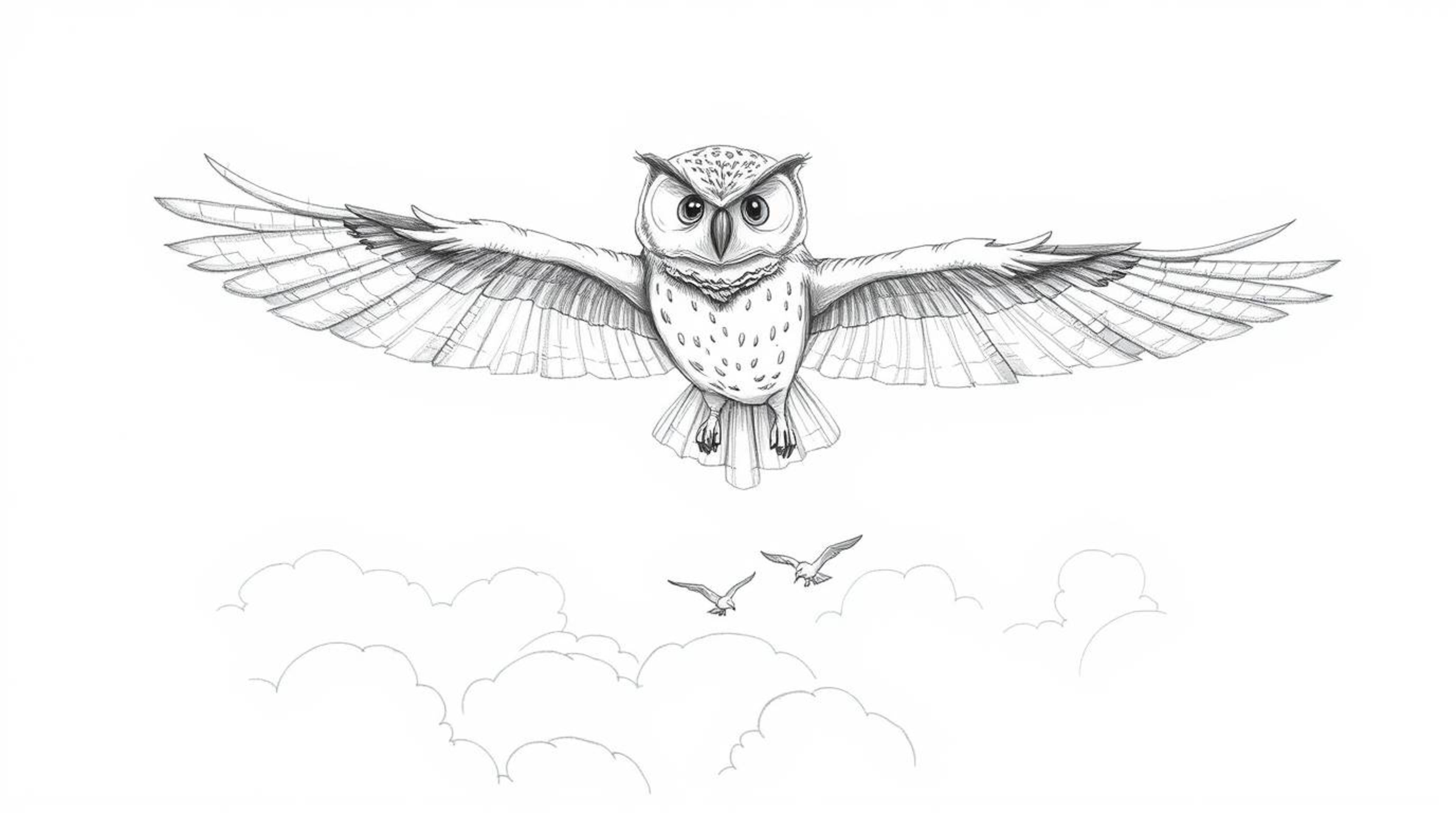 A heartwarming Pixar-style hand-drawn sketch depicting a blind owl with subtly textured feathers majestically soaring above a
