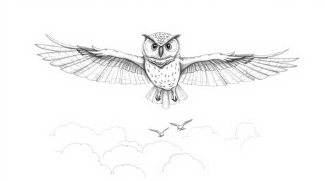 A heartwarming Pixar-style hand-drawn sketch depicting a blind owl with subtly textured feathers majestically soaring above a