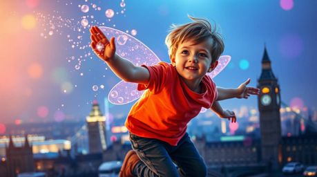 A captivating image of a young boy seemingly flying above London, dusted with pixie dust.  The artwork features vibrant, comp