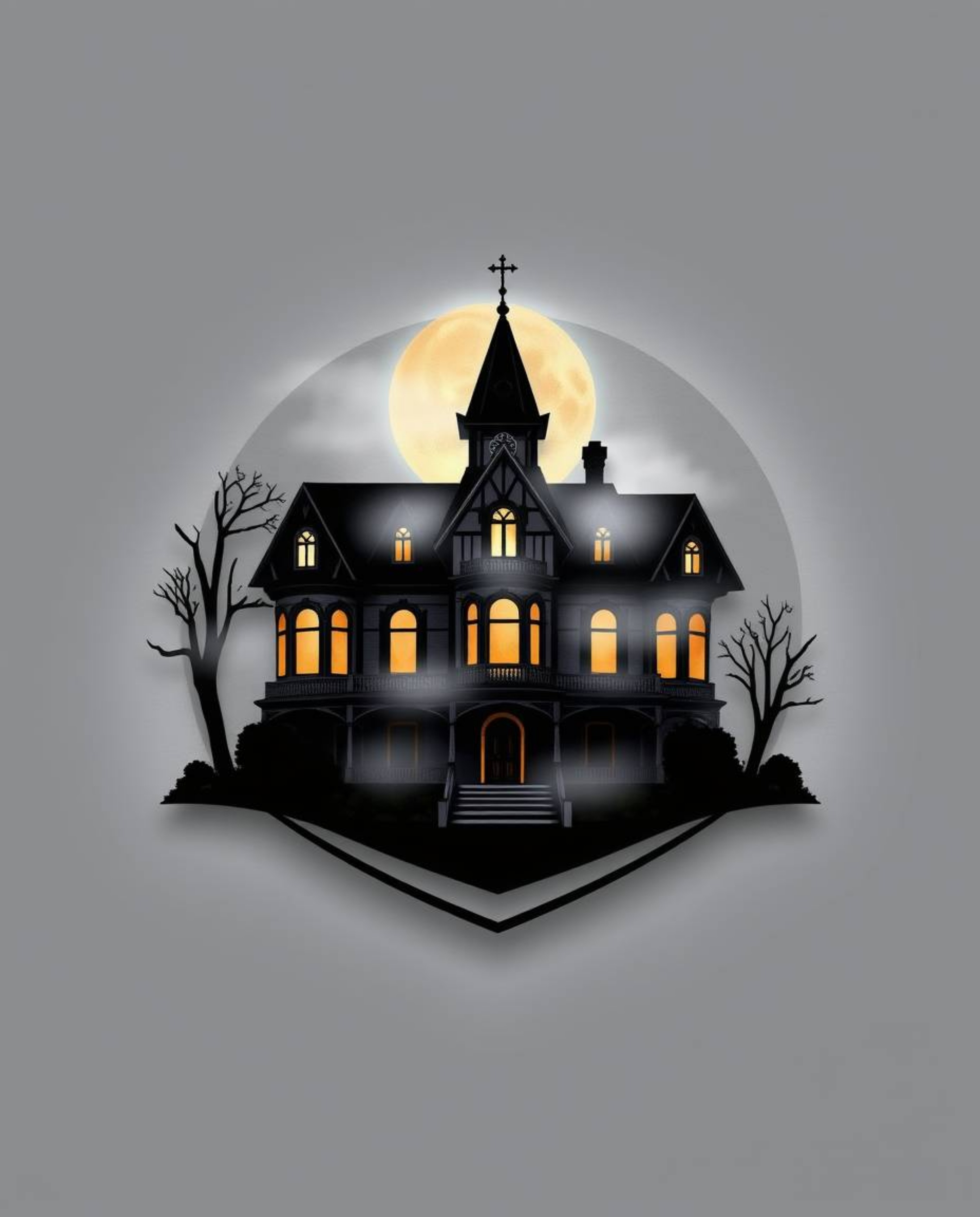 A logo design featuring a fog-covered Victorian mansion bathed in soft moonlight. The design utilizes diffused shadows, subtl