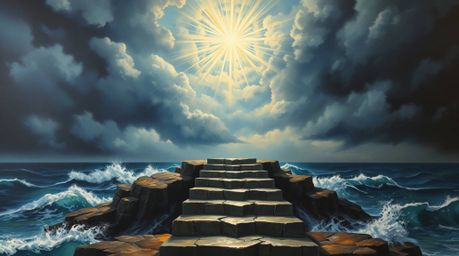 This classic oil painting presents a dramatic staircase ascending from the ocean towards a stormy sky, illuminated by a divin