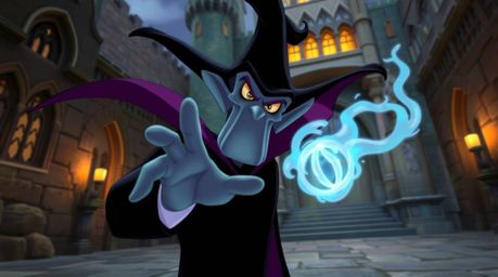 A captivating illustration of a classic Disney villain, sharply defined, casting a spell within the walls of an ancient castl
