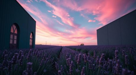 This collection showcases rich, deep teal architectural photographs capturing the ethereal beauty of lavender fields glowing 