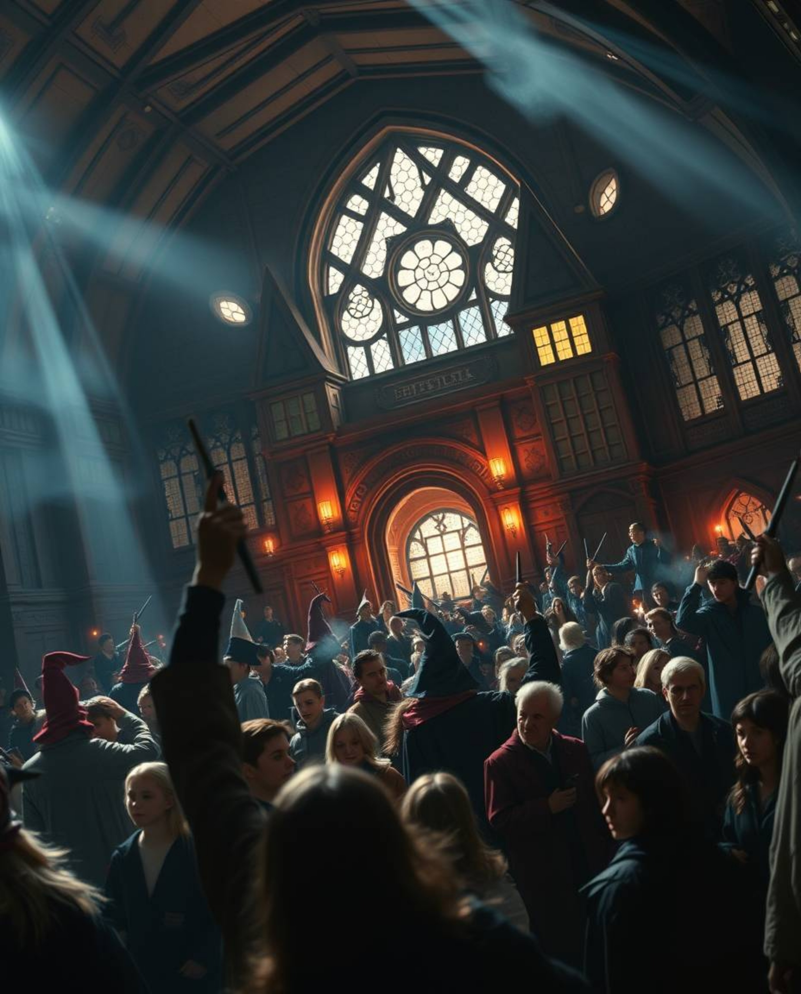 Experience an epic and grand scene of a magical school teeming with young wizards, rendered in high contrast and low key ligh