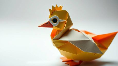 Experience the whimsical world of origami with this intricate image of a duck donning a zany superhero costume. The folded pa