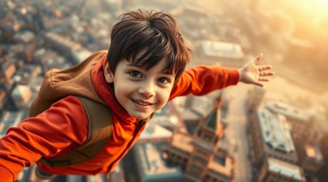 A captivating overhead shot depicts a young boy with dark hair, soaring above the city of London with magical pixie dust.  Wa
