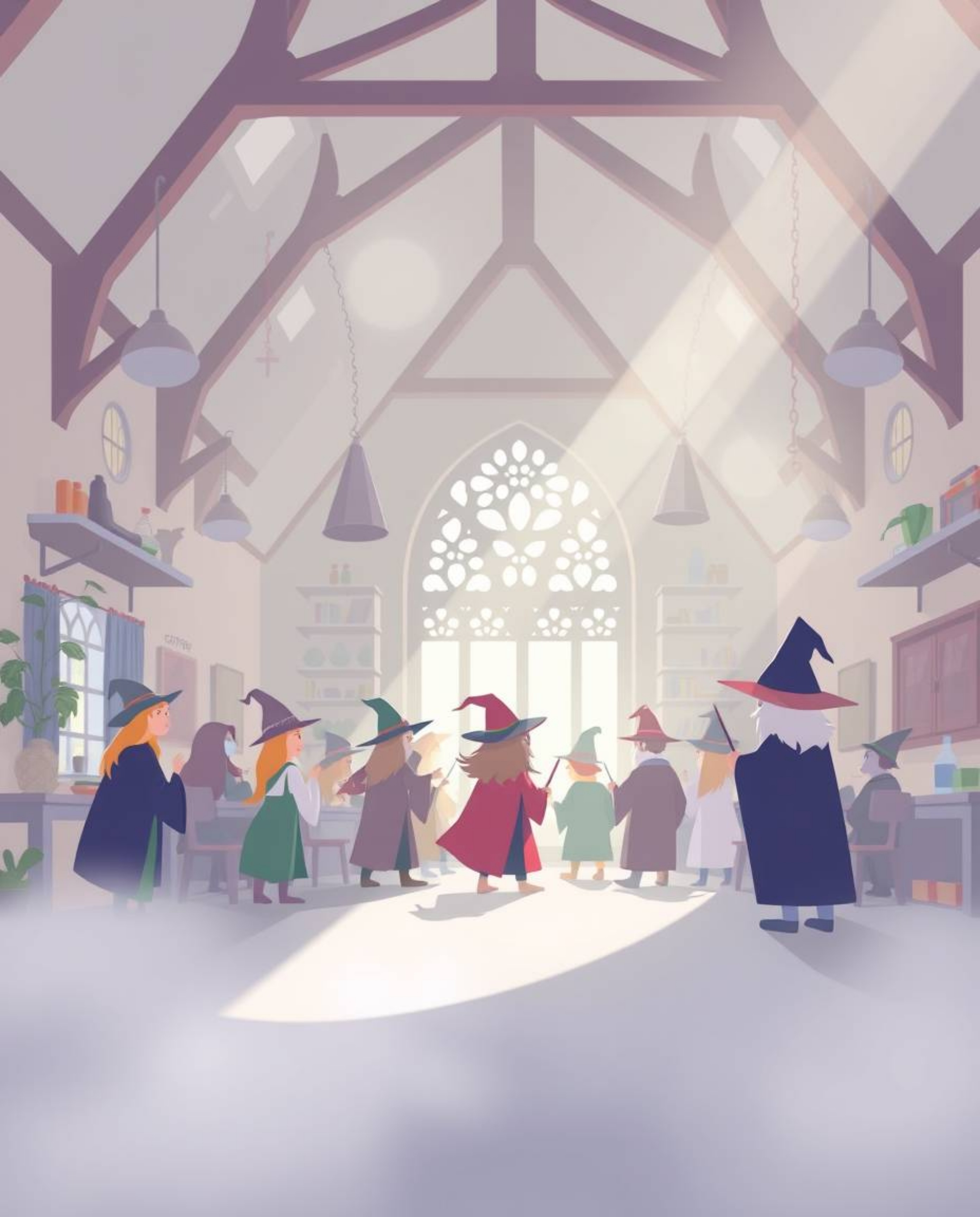 Discover a charming magical school filled with young wizards, rendered in a modern flat design. This whimsical illustration f