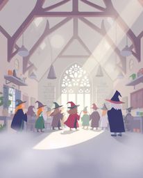 Discover a charming magical school filled with young wizards, rendered in a modern flat design. This whimsical illustration f
