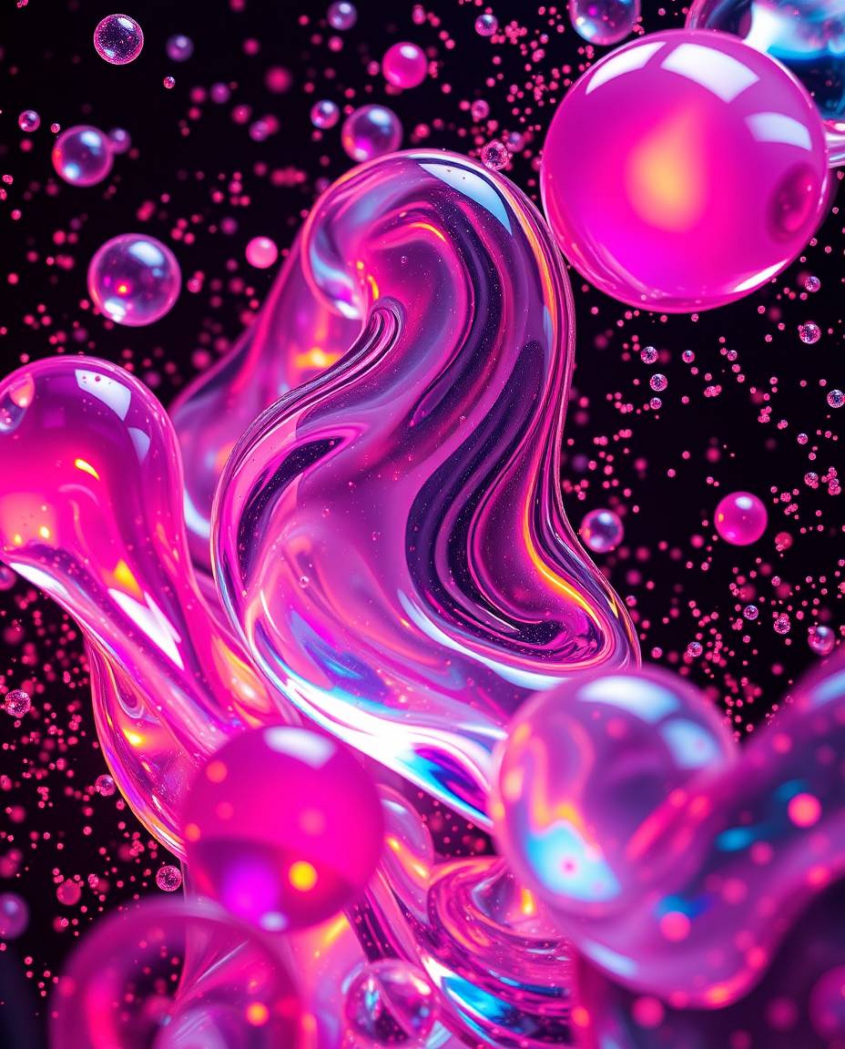 Explore a mesmerizing world of glassy fluid 3D shapes in perpetual motion, surrounded by an ethereal glow of vibrant particle