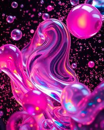 Explore a mesmerizing world of glassy fluid 3D shapes in perpetual motion, surrounded by an ethereal glow of vibrant particle