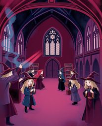 This illustration depicts a magical school brimming with young wizards, rendered in a captivating palette of rich burgundy an