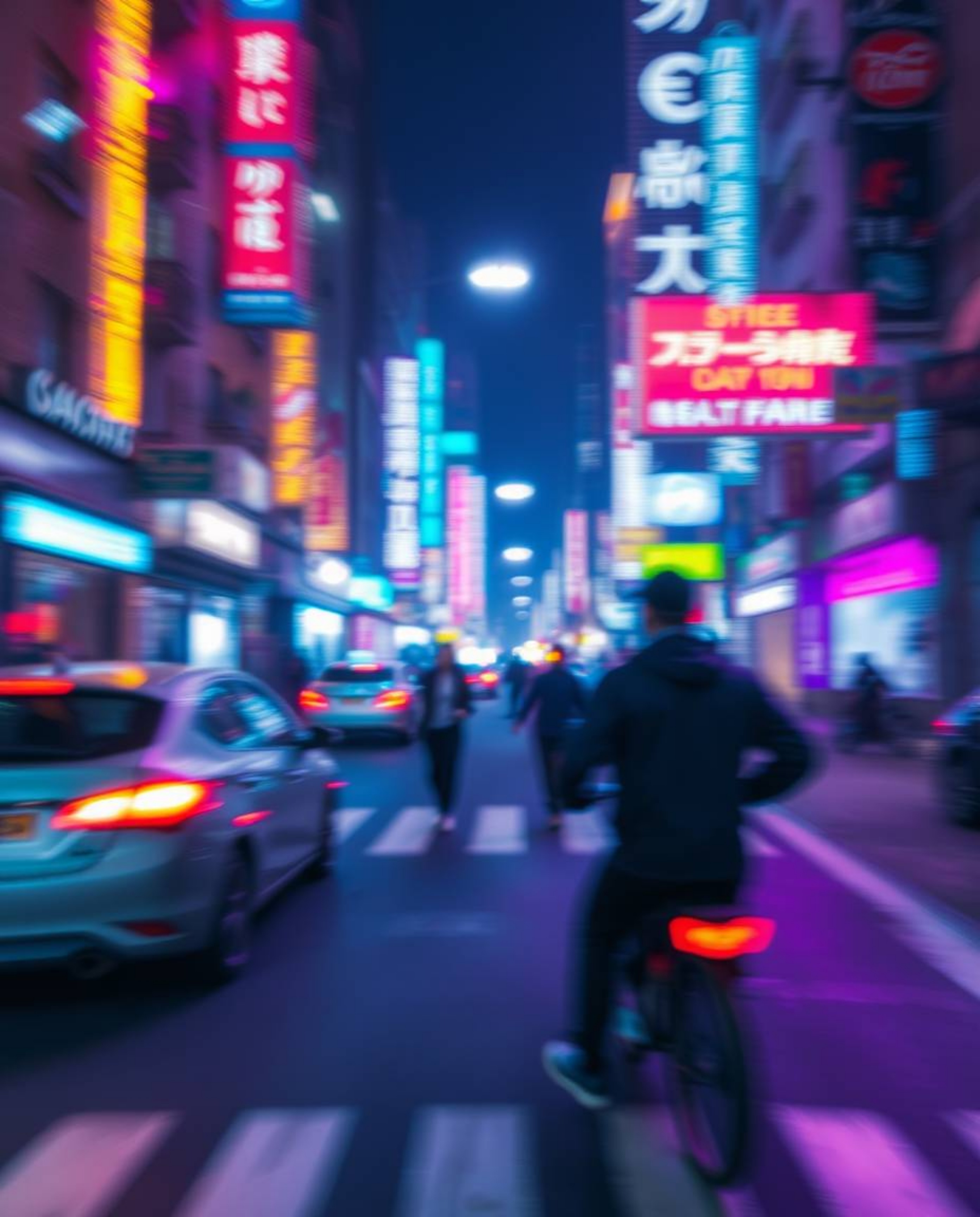 A captivating long exposure photograph depicts a pixelated glitch cyberpunk street scene bathed in neon haze.  The image feat