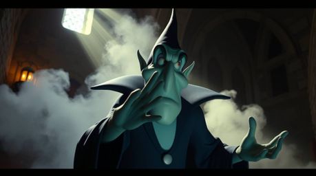 A classic Disney villain with exaggerated features casts a spell in an old castle, bathed in soft pastel colors and volumetri
