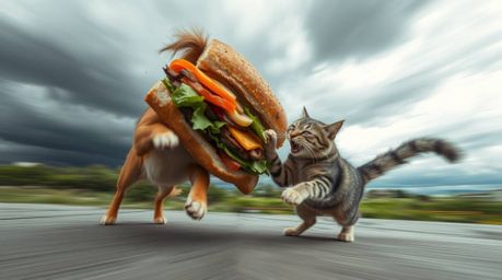 Witness an intense and comical battle as a dog and cat fiercely compete for possession of a colossal sandwich under stormy sk