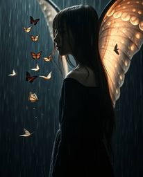 Immerse yourself in a captivating scene featuring a spiritual girl releasing butterflies amidst a wet, rainy atmosphere. The 