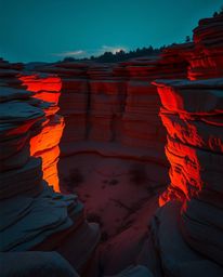 Sandstone cliffs are illuminated by sunset, rendered in a stunning palette of warm terracotta and cool teal. This scene is un