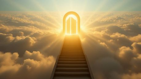 Experience a breathtaking high-angle perspective of a heavenly gate floating majestically above the clouds. Bathed in golden 