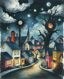 Discover a dreamlike surreal watercolor painting of a sleepy town.  Pastel-colored houses bask in chiaroscuro lighting, creat