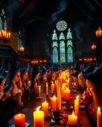 Immerse yourself in a magical school brimming with lively young wizards, where vibrant warm candlelight illuminates flickerin