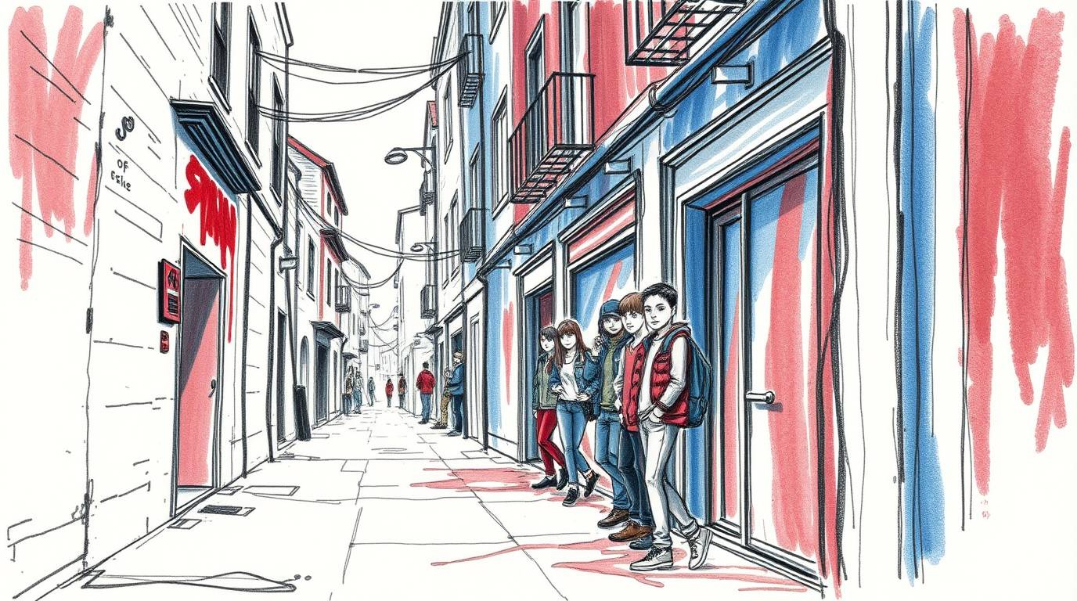 This artwork depicts a hand-drawn sketch of a grungy city alley inhabited by rebellious teens. The piece utilizes a rich colo