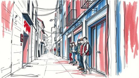 This artwork depicts a hand-drawn sketch of a grungy city alley inhabited by rebellious teens. The piece utilizes a rich colo