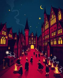 An elegant and sophisticated illustration depicting a magical school brimming with young wizards, rendered in rich burgundy a
