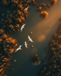 An overhead bird’s-eye view of a golden hour wetlands scene, capturing herons in flight. This image evokes a mystic and encha