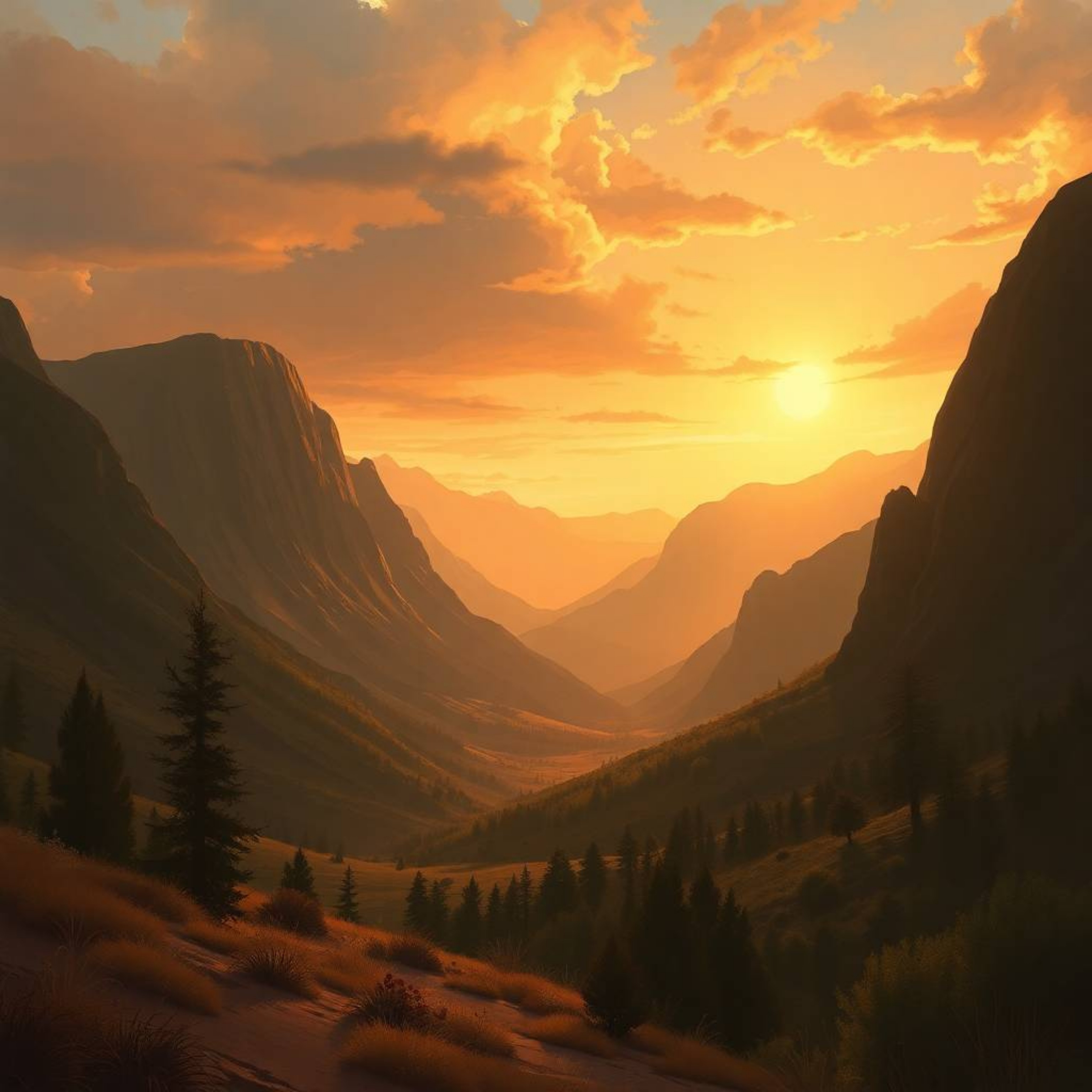 This digital painting captures a breathtaking sunset over a serene mountain valley, bathed in the soft, glowing light of biol