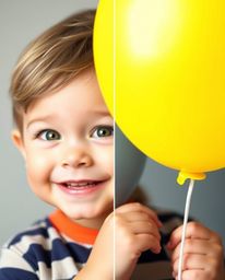 A distinct split composition featuring a child with bright eyes and a joyful expression, happily holding a balloon. The image